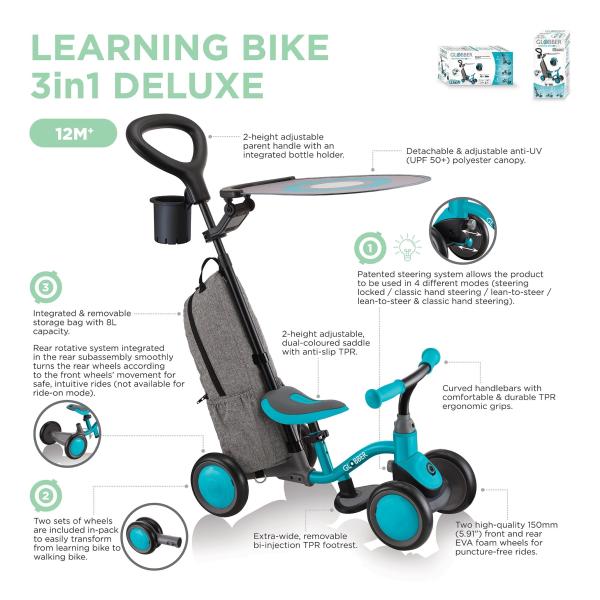 Globber odrážedlo 3v1 Deluxe - Learning Bike 3in1 Deluxe -Teal (obrázek 4)