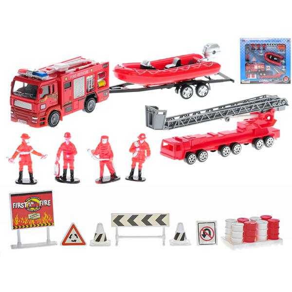 Sada hasiči - vozidla kov volný chod + figurky