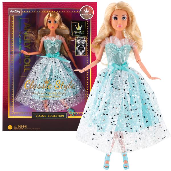 Módní panenka ve společenských šatech - dlouhé sv. modré