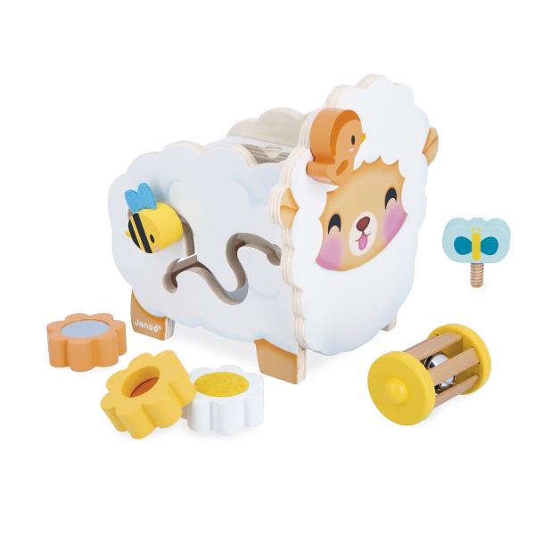 Janod Farma Drevená motorická hračka Ovečka s mnohými aktivitami
