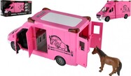 Tiertransportanhänger aus Kunststoff 28 cm mit einem Pferd auf Schwungrad mit Licht und Sound rosa