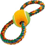 Hračka Dog Fantasy preťahovadlo osmička farebná bavlnená s tenisákom 25cm