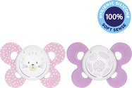 CHICCO Cumlík Physio Comfort silikónový dievča - mačka/bodky 2 ks, 6-16 m