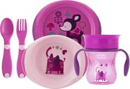 Jídelní set - talíře, příbory, sklenka, 12m + - růžový