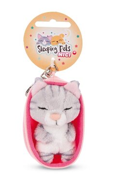 Portachiavi NICI Gatto addormentato 8cm grigio rigato, cestino rosa chiaro  - NICI Peluche