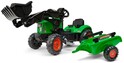 Falk Supercharger Trettraktor Groß mit öffnender Motorhaube und Anhänger grün