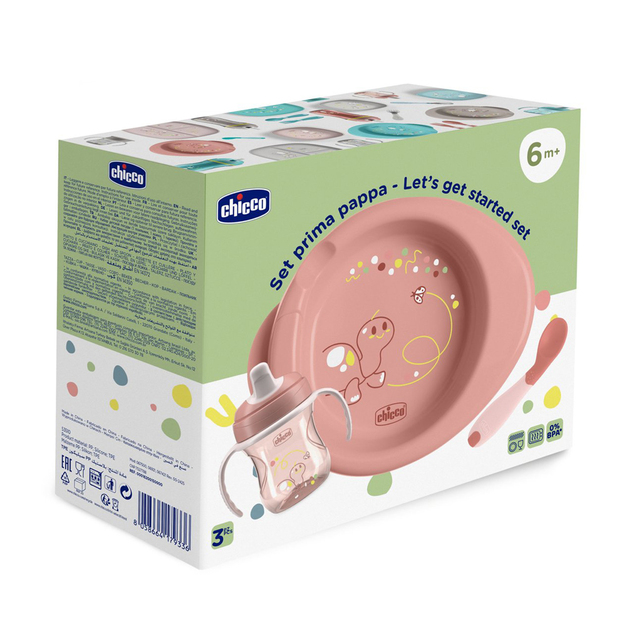 CHICCO Startni set - tanjur, bočica i žličica pink 6m+