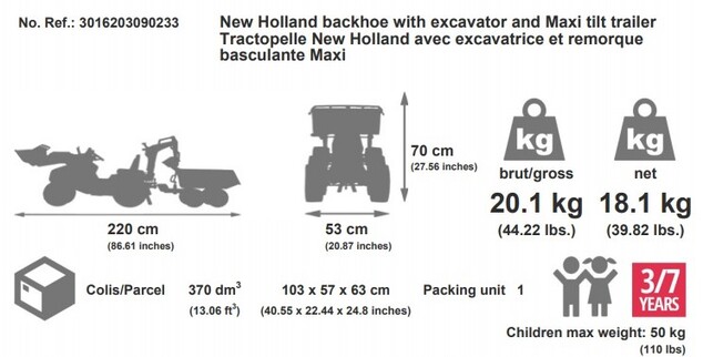 Falk Šliapací traktor 3090W New Holland T8 s nakladačom, rypadlom a maxi vlečkou