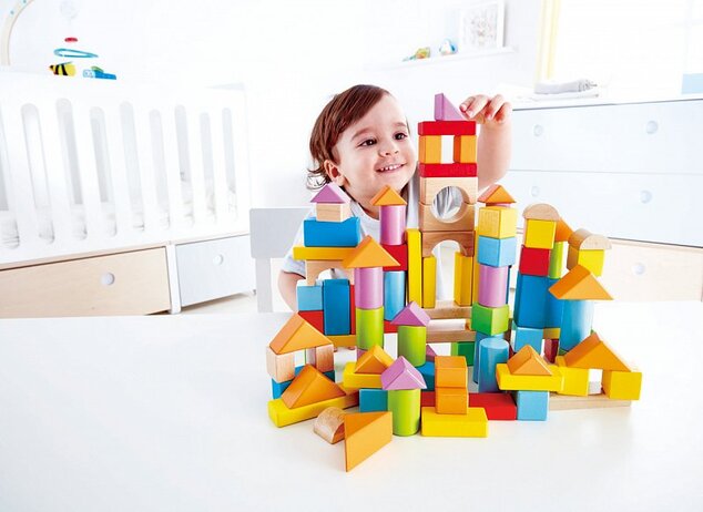 Hape Blocchi di legno con coperchio a incastro, colorati 101 pezzi