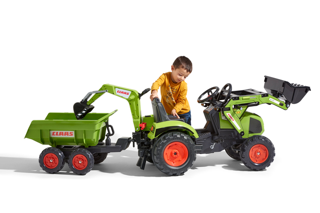 Falk Šliapací traktor 1010W Claas Axos s nakladačom, rýpadlom a vlečkou