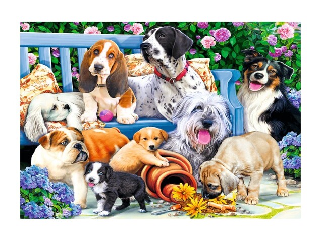 Lösen Sie das Puzzle Hunde im Garten 1000