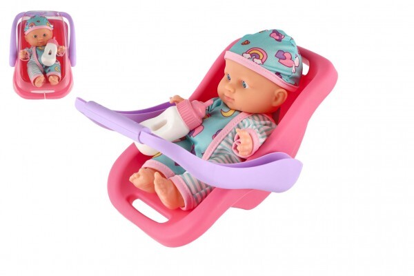 Bábika bábätko 20 cm plast v nosítku/autosedačke, s fľaškou