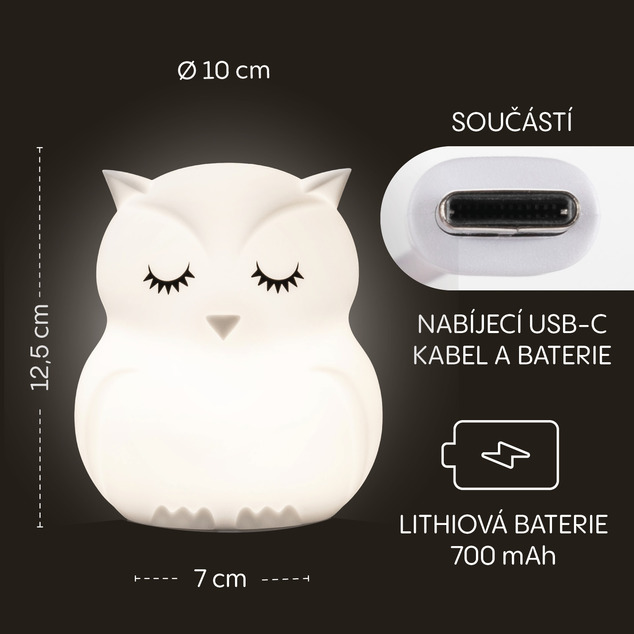 Silikónová nočná LED lampa veľkosť M, Owl
