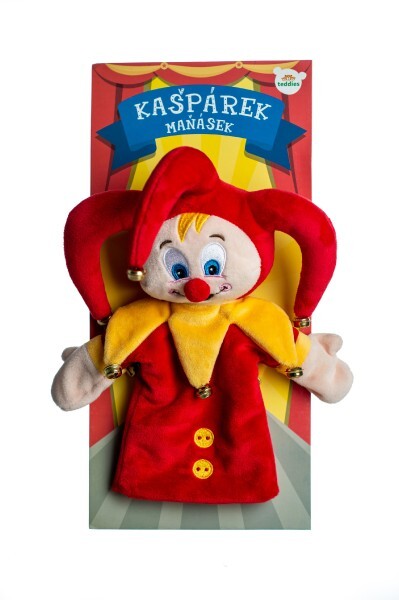 Gašparko maňuška na ruku plyšový 28cm s rolničkami na karte