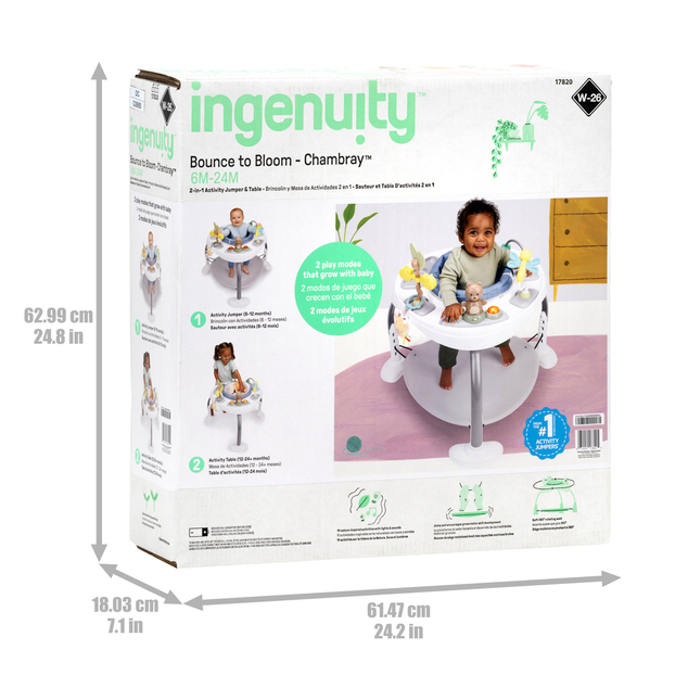 INGENUITY Jouet actif sauteur avec table 2-en-1 Bounce to Bloom™ Chambray