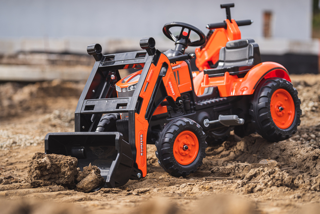 Falk Trettraktor 2065N Kubota Bagger mit Frontlader und Anhänger mit Drehbagger