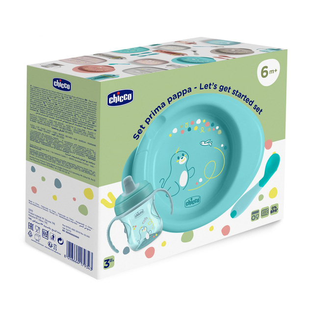 CHICCO Startni set - tanjur, bočica i žličica blue 6m+