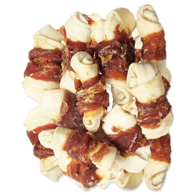 Pochúťka Rasco Premium byvolia koža s kačacím mäsom, uzly 5cm 500g