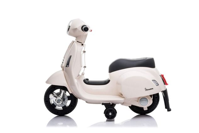 Elektrická motorka Vespa GTS, biela, s pomocnými kolesami, Licencované, 6V Batéria, 30