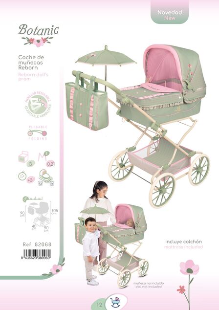 DeCuevas 82068 Passeggino pieghevole per bambole REBORN con ombrellone e accessori Botanic 2026
