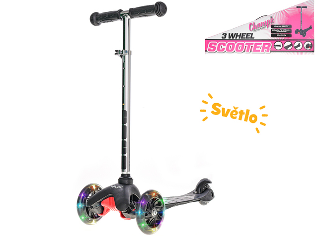 Schwarzer Roller mit drei Rädern und verstellbarem Lenker mit beleuchteten LED-Rädern