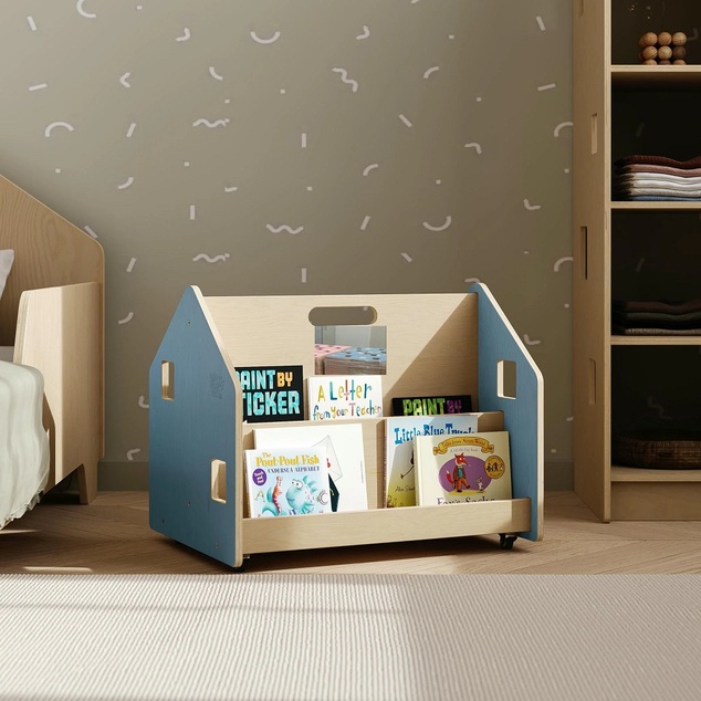 BusyKids Bibliothèque double face sur roulettes bleue