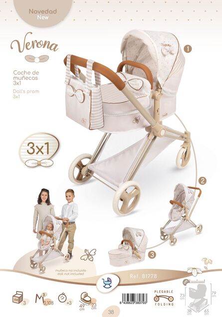 DeCuevas 81778 Skladací kočík pre bábiky 3 v 1 s taškou Verona 2025 - 73 cm