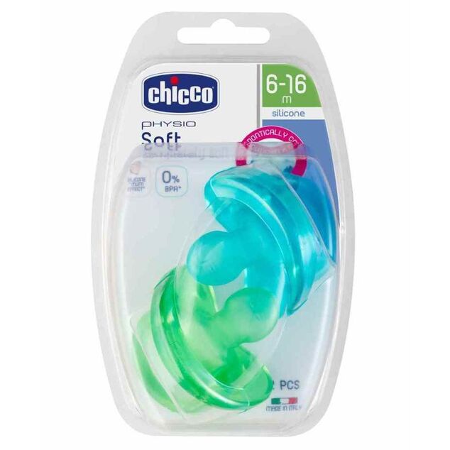 CHICCO Cumlík celosilikónový Physio Soft chlapec 2 ks, 6-16m