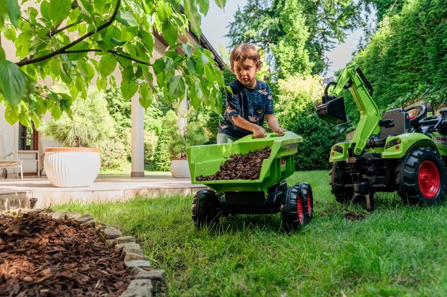 Falk šliapací traktor 2070W Claas backhoe s prednou a zadnou lyžicou a prívesom