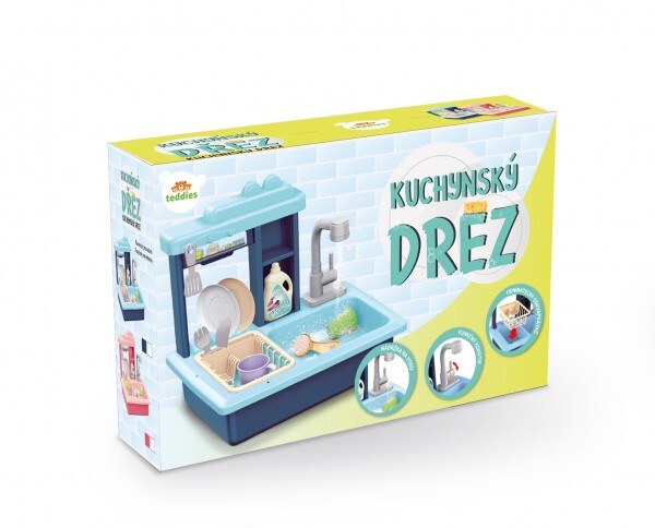 Drez na umývanie riadu modrý + kohútik na vodu na batérie plast s doplnkami v krabici