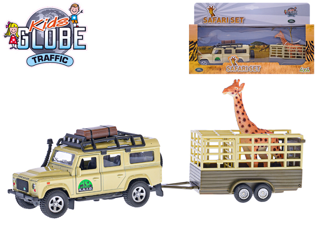 Kids Globe Traffic Land Rover Defender 14cm kov na spätný chod s prívesom 14cm a žirafa