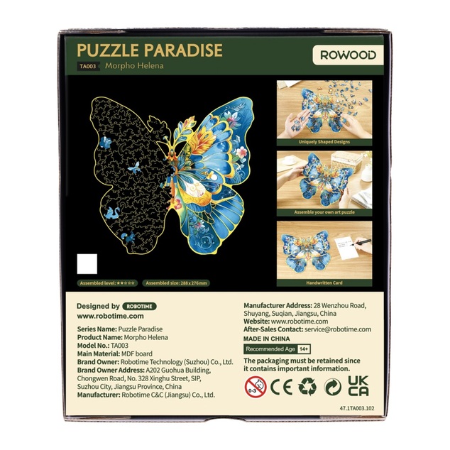 RoboTime Drevené puzzle motýľ Morpho Helena