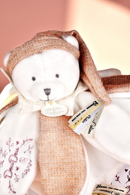 Doudou Geschenkset Plüsch-Schmusetuch Bärchen mit Mütze 25 cm rosa