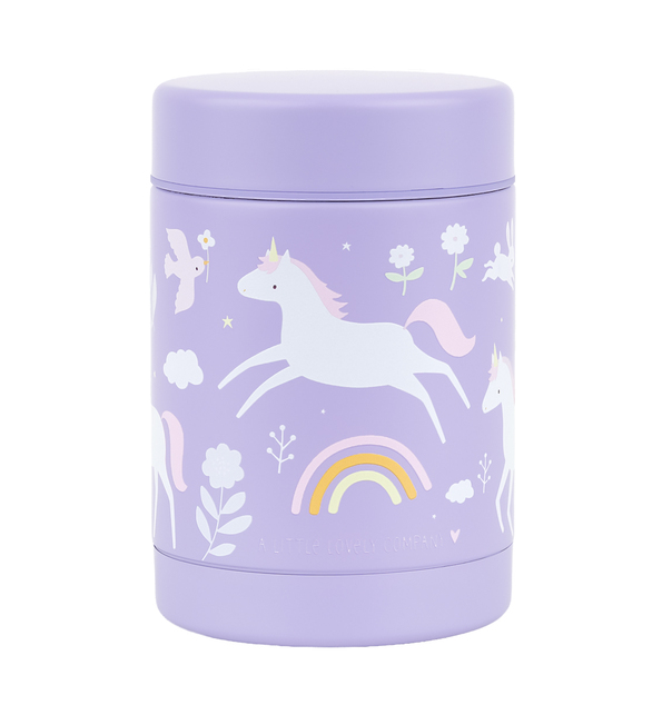 A Little Lovely Company – recipient alimentar izolat din oțel inoxidabil – unicorni și curcubeu