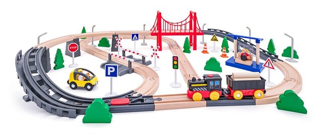 Woody Holzeisenbahn mit Elektrolokomotive und Brücke, 80 Teile