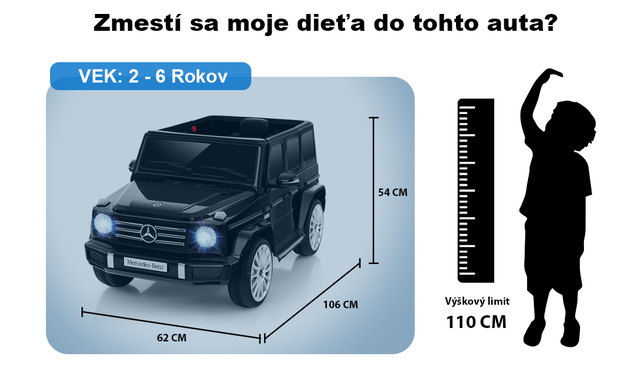 Elektrické autíčko Mercedes G63 12V, čierne, Jednomiestné sedadlo, Lítiová batéria