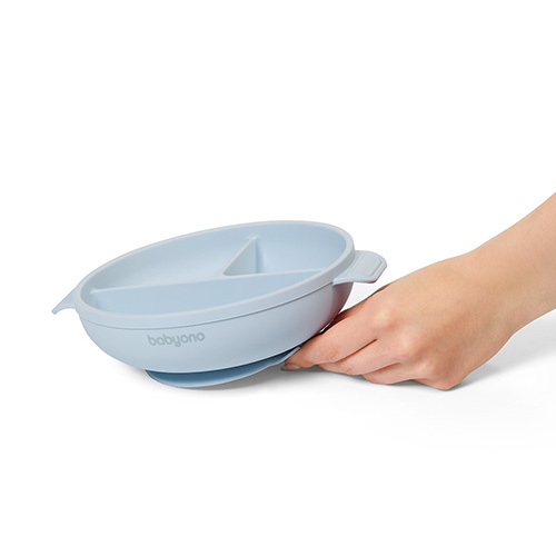 BABYONO Silikonteller mit Saugnapf und Deckel blau 6m+