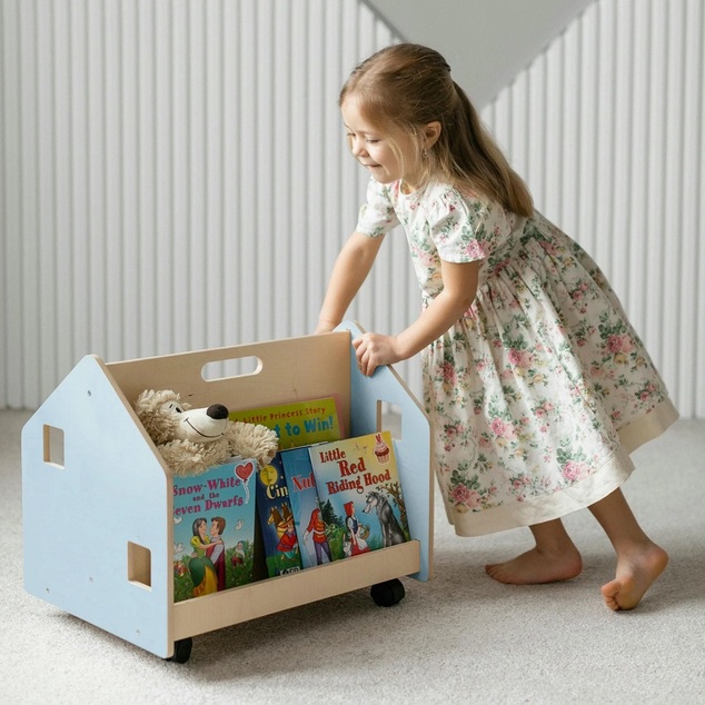 BusyKids Bibliothèque double face sur roulettes bleue