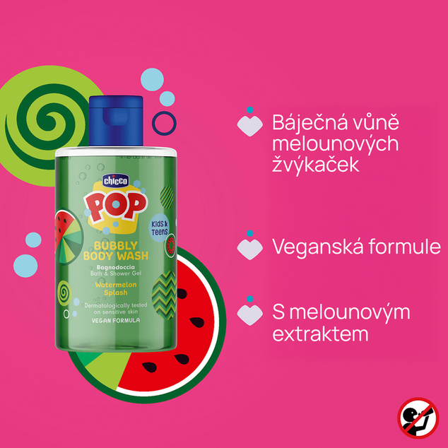 CHICCO Kúpeľový a sprchový gél POP so športovým vreckom Bubbly Watermelon 300ml