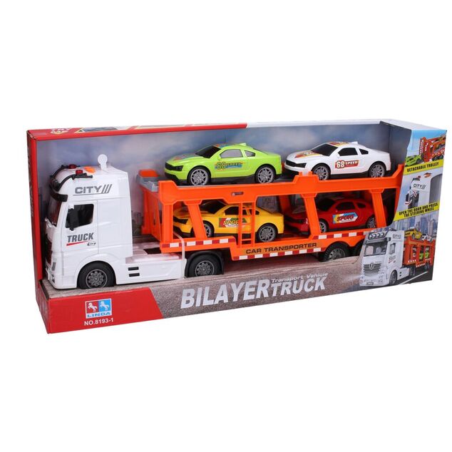 Auto ťahač na zotrvačník 56 cm s autami set 4ks