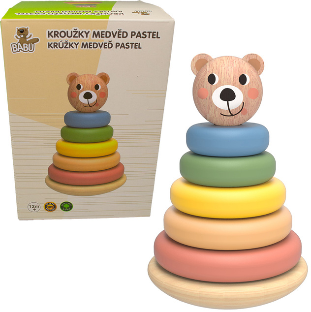BABU - Skladacia pyramída pastelové krúžky MEDVEĎ