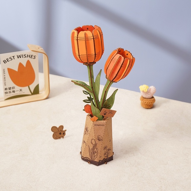 RoboTime 3D rompecabezas de madera Tulipán naranja