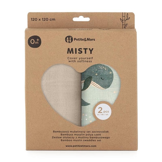 PETITE&amp;MARS Bambusdecke Musselin 2er-Set Misty Whale Song 120 x 120 cm