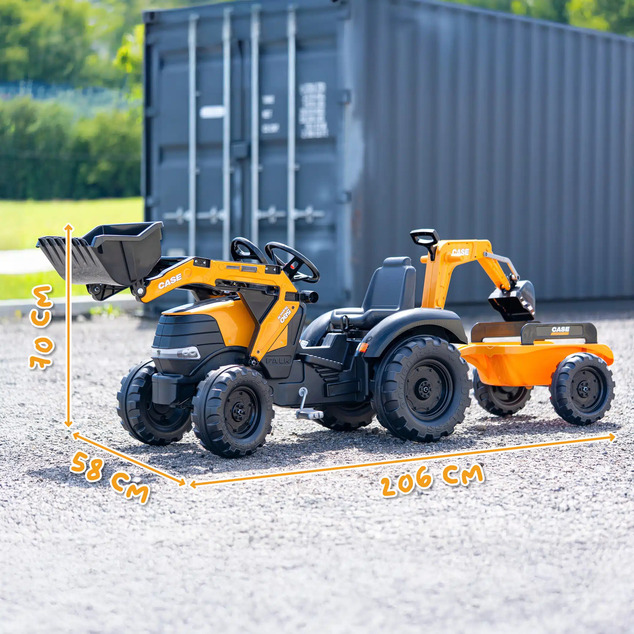 Falk Tractor a pedales 997Y Case CE con cargador frontal y remolque amarillo