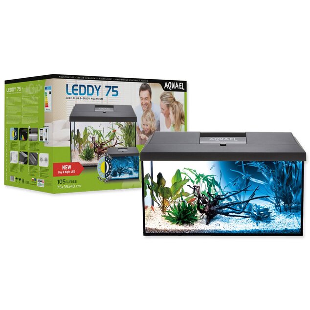 Set Aquael Aquarium Leddy 75 Schwarz Day &amp; Night 2.0 105l