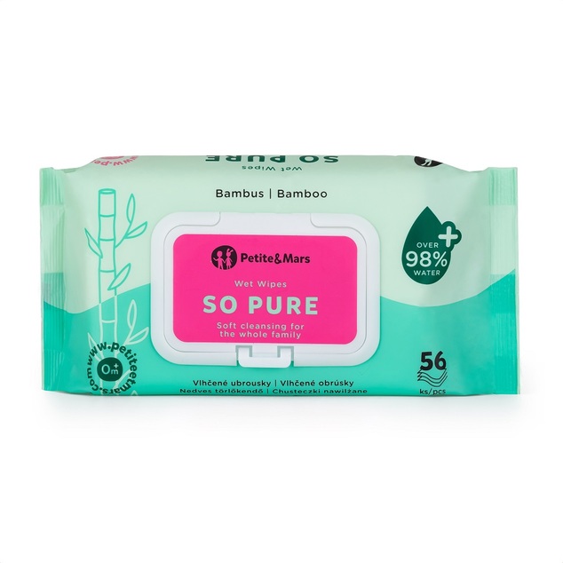 PETITE&amp;MARS Obrúsky vlhčené SO PURE bambusové bioodbúrateľné 56 ks