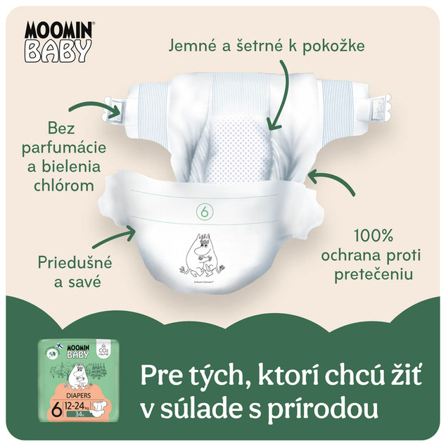 Moomin Baby 6 Maxi 12–24 kg (34 ks), eko plienky