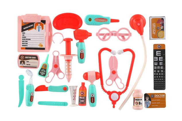 Set da dottore con accessori in tessuto/plastica in valigetta di stoffa
