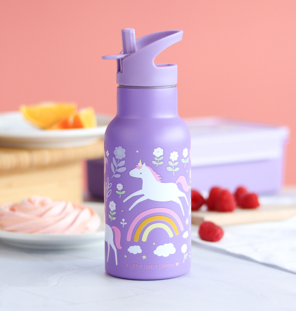 A Little Lovely Company - bottiglia d'acqua in acciaio inossidabile, 350 ml - unicorni e arcobaleno