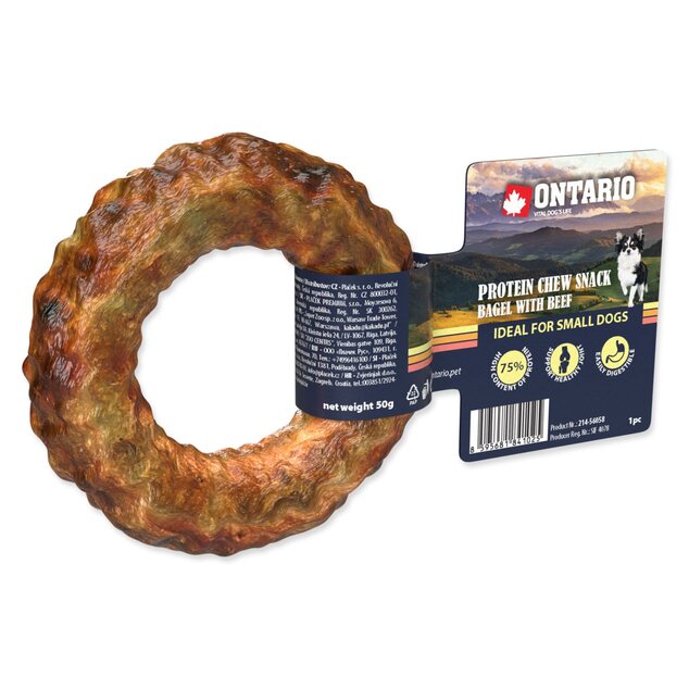 Pochúťka Ontario Protein hovädzie, žuvací bagel 8,9cm, Small
